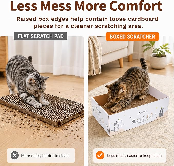 PatiencET Cat Scratch Pad with Box, Corrugated Cardboard Scratcher | Raised edges, less mess, cozy lounge, furniture protection, double-sided scratch surface, replaceable design, catnip included