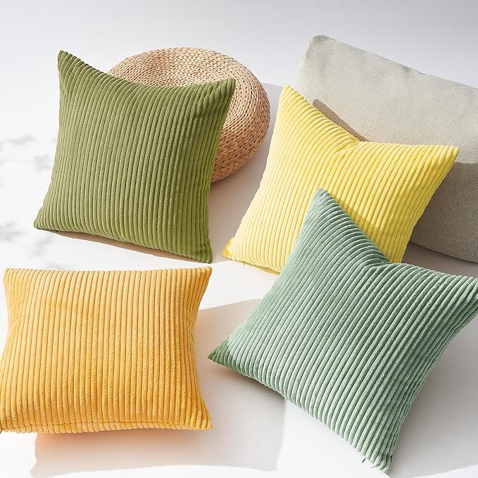 Topfinel 12x12 inch 4 Pack Decorative Throw Pillow Covers,Soft Velvet Modern Double-Sided Designs, Mix and Match for Home Fall Decor, Cushion Covers Set of 4 (Yellow/Green)