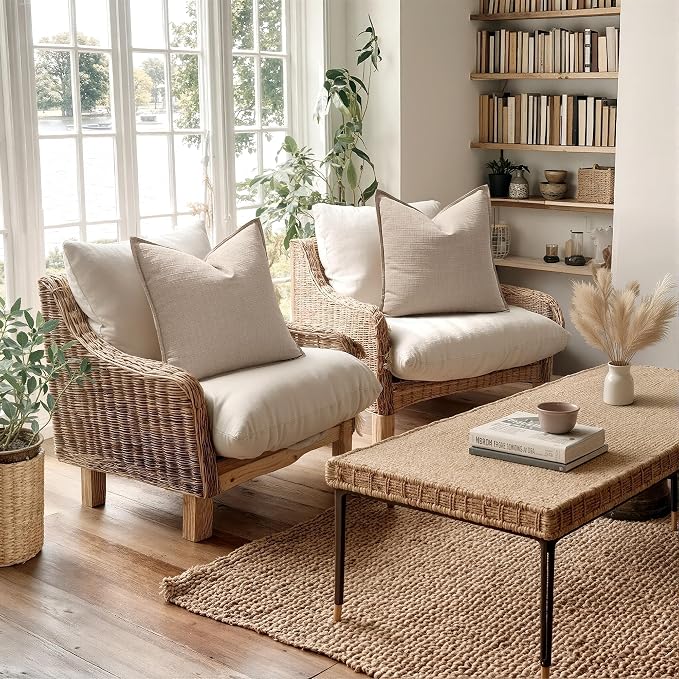MIULEE Thick Textured Decorative Throw Pillow Covers 20x20 in Oatmeal Linen | Set of 2, Linen Blend Pillow Cover, Flange Edge Design, Farmhouse Modern Boho Style, Bed Couch Living Room Decor