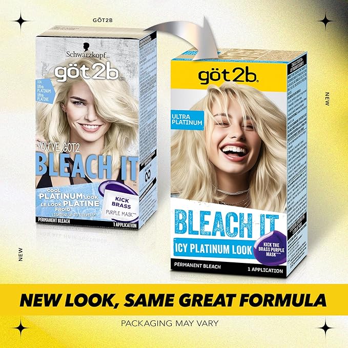 got2b Bleach It Permanent Hair Dye, Ultra Platinum Blonde, 00A, Hair Bleach Kit with Developer and Anti-Brass Purple Mask, Lightens Up to 8 Levels, Gel Formula for Easy Application, 1 Count