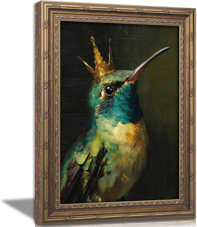 Vintage Gold Framed Canvas Wall Art Whimsical Hummingbird Painting Picture Wall Decor Boho Bird Poster Print Artwork for Living Room Bedroom Home Decoration