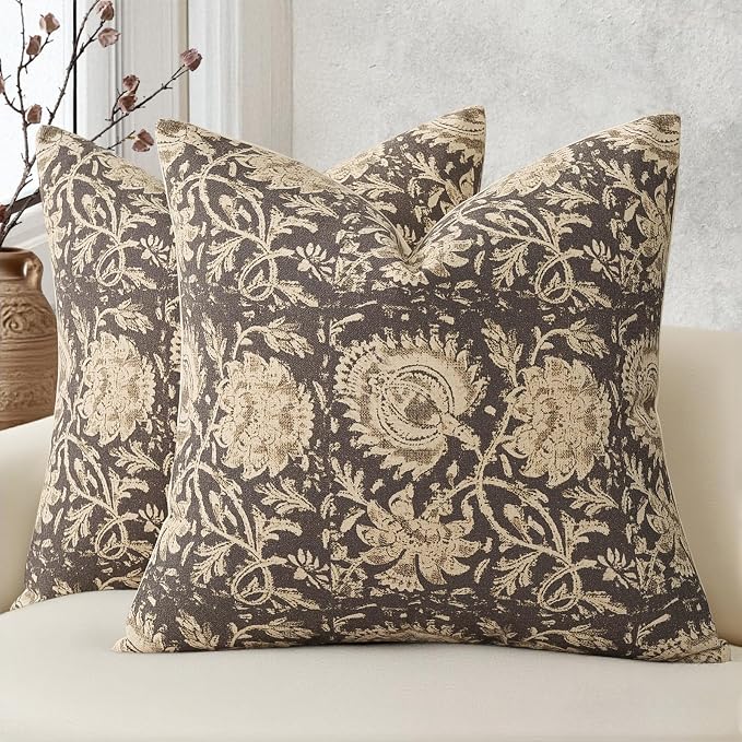 Vintage Floral Print Throw Pillow Covers 16x16 Set of 2 Neutral Modern Farmhouse Accent Decorative Cushion Covers Boho Home Decor for Couch Sofa Chair Bed Living Room, Rustic Gray