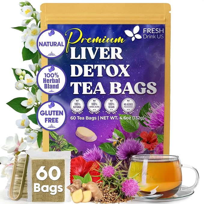 FreshDrinkUS, Premium Liver Detox Tea Bags | 60 Count | Eco-Conscious Corn Fiber Tea Bags | Ayurvedic Stomach Relief & Liver Support | Vegan, Caffeine Free, Kosher