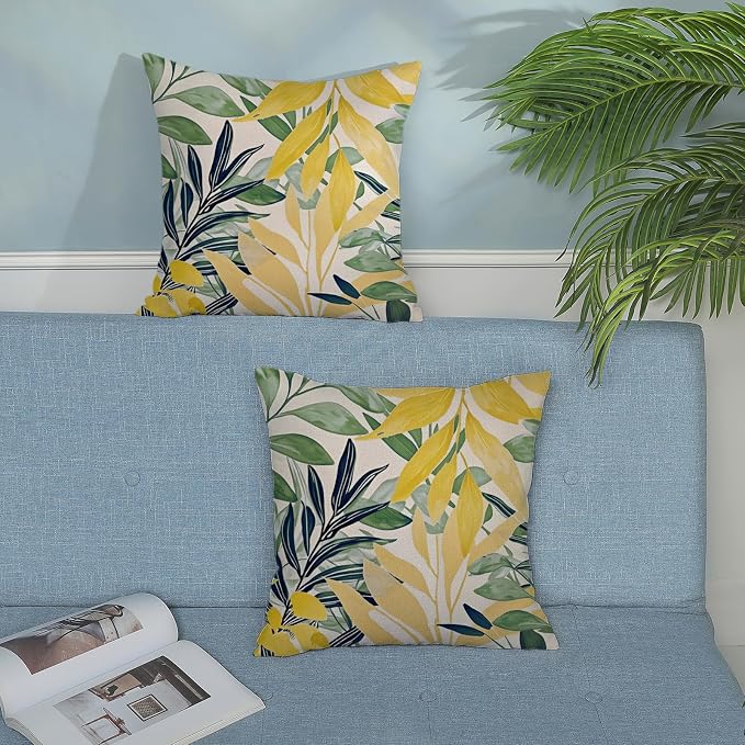 Summer Pillow Covers 18x18 Inches Set of 2 Sage Green Yellow Leaves Throw Pillow Covers Outdoor Modern Spring Summer Leaf Decoration Pillowcase Farmhouse Decorative Cushion Cover For Couch Sofa