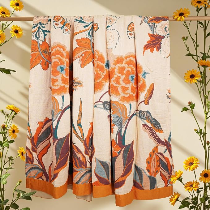 VANJOROY Boho Throw Blanket, 100% Organic Cotton Breathable Soft Lightweight All Season Rustic Bed Throw - Floral Bird Farmhouse Decor Blanket for Sofa Couch Chair Quilt and Gift. 60" x 80"