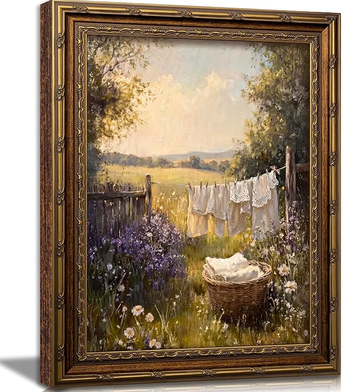 Laundry Room Wall Art, Vintage Gold Framed Farmhouse Landscape, 12x16in | Retro cottagecore country landscape with carved gold frame for laundry room, washroom, bathroom, or farmhouse home decor