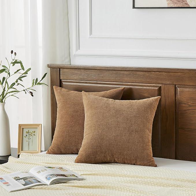 GAWAMAY Decorative Chenille Throw Pillow Covers 26x26 Inch Pack of 2, Soft Square Couch Pillow Cover for Sofa Cushion Living Room Bedroom Solid Dyed Oversized Pillowcases Brown 66x66cm (ONLY Covers)