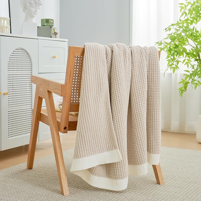 Chenille Throw Blanket, Soft Cozy Waffle Throw for Couch & Sofa, Warm Yet Lightweight, Breathable All-Season Throws for Women Men, Housewarming, Birthdays, 60"x80", Beige