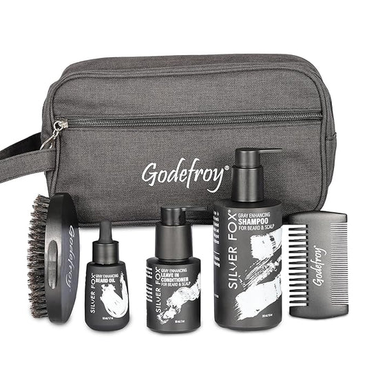 Godefroy Silver Fox Complete Men's Grooming Collection, Beard and Mustache Care Kit With Travel Bag, Gift For Men