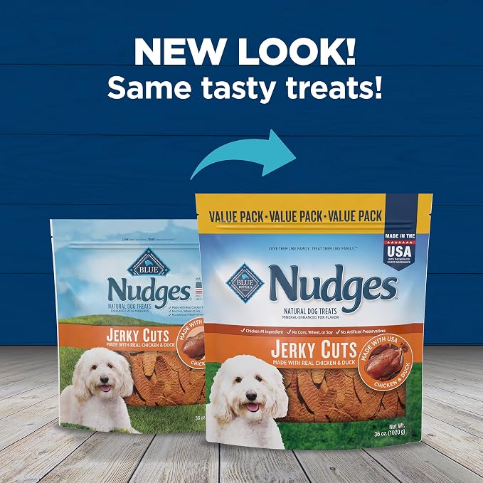 Blue Buffalo Nudges Jerky Cuts Dog Treats, Made in the USA with Natural Ingredients, Chicken & Duck, 36-oz Bag (Pack of 3)