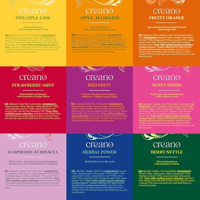 Creano Organic Herbal & Fruit Tea Gift Set – 45 Organic Tea Bags in 9 Dreamy Varieties – 90 g*