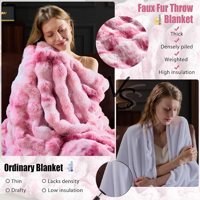 Faux Fur Throw Blanket for Couch, Fluffy Fuzzy Plush Bubble Blanket, Soft Warm Cozy Shaggy Rabbit Blanket, Luxury Decorative Gifts for Sofa Bedroom Living Room, 90x90inch (Tie-Dye-Pink)
