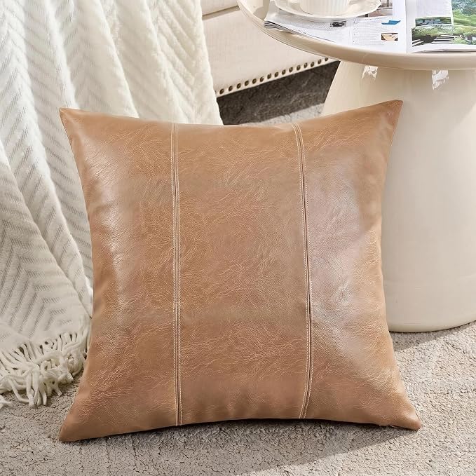 Fancy Homi Tan Boho Long Square Faux Leather Decorative Throw Pillow Covers 24x24 Inch for Living Room Couch Bed Sofa, Hand Stitched Cushion Case, Rustic Modern Farmhouse Home Decor