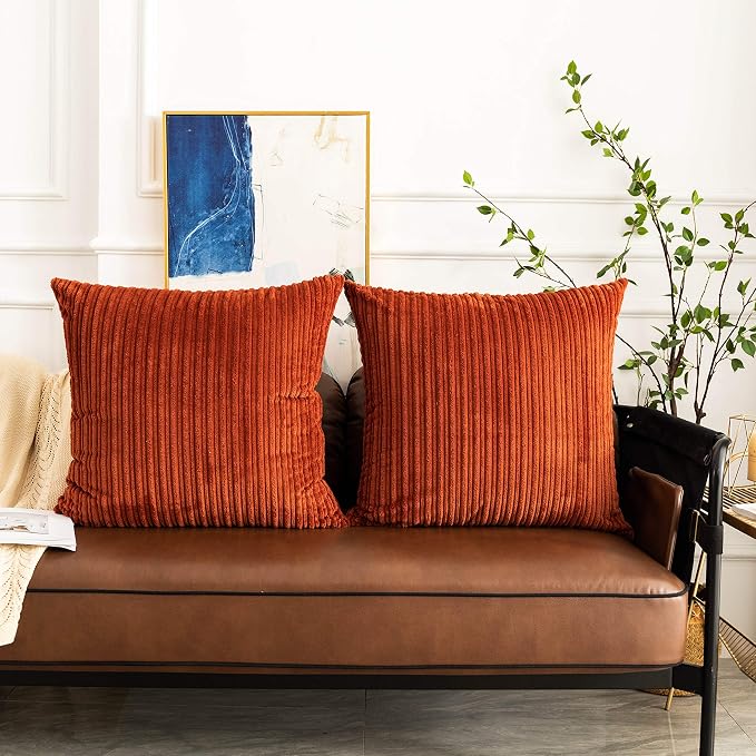 UGASA Fall Super Soft Decor Striped Corduroy Large Throw Pillow Covers Sham Cushion Case Living Room, 2 Packs, 24" x 24" (61cm), Burnt Brick
