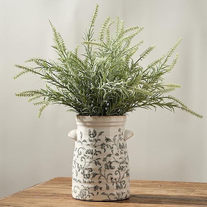 SIDUCAL Ceramic Gray and White Vase with 2-Ear, 8 Inch Ice Cracked Vintage Pastoral Vase, Rustic Farmhouse Vases for Home Decor, Table, Living Room, Shelf Decor, Chinoiserie Decor, Gray Floral Pattern