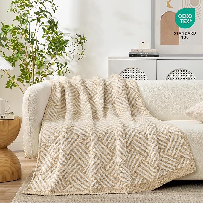 Snuggle Sac Ultra Soft Boho Throw Blanket for Couch Sofa Bed 50x60 inches, Reversible Beige Striped Blanket Microfiber Fluffy Fuzzy Cozy Knit Soft Throws Birthday Gifts for Women