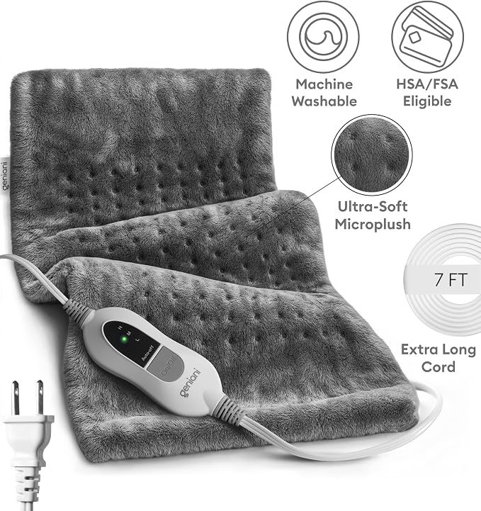 GENIANI Electric Heating Pad for Back Pain & Cramps Relief, Electric Throw, Self Care Gifts for Women, Heating Pad for Neck & Shoulder, Machine Washable Microplush, Auto Shut Off (12"x24", Tabby Gray)