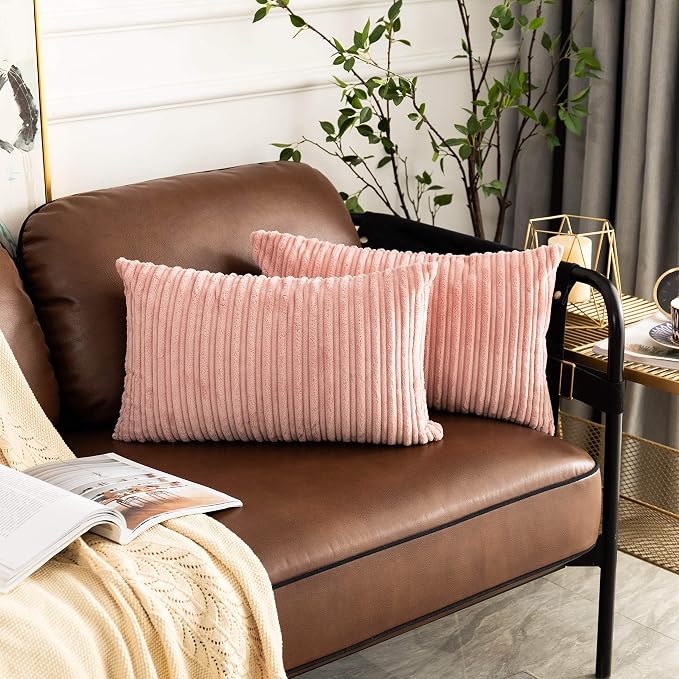 UGASA Velvet Pillow Covers Striped Soft Textured Throw Cushion Cases Pack of 2 Valentines Day Accent Corduroy Lumbar Pillowcases with Hidden Zipper for Home Decor Indoor 12"x20", Baby Pink
