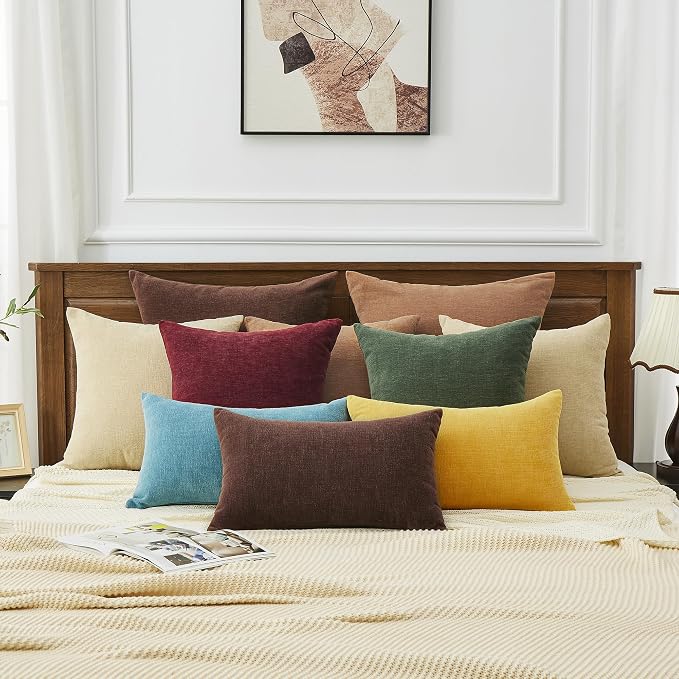 GAWAMAY Decorative Square Throw Pillow Covers 22x22 Inch Set of 2, Super Soft Chenille Pillows Farmhouse Fall Pillowcase for Living Room Bedroom Sofa Couch Cushion Cover Khaki 55x55cm (No Insert)