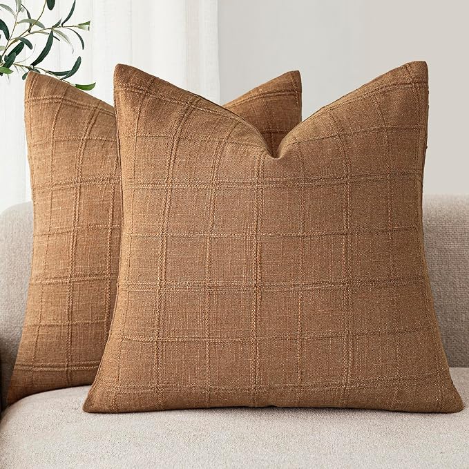 Foindtower Set of 2 Decorative Linen Check Throw Pillow Covers Neutral Farmhouse Vintage Cushion Covers Modern Boho Home Decor for Sofa Chair Couch Bedroom Living Room,16×16 Inch,Brick
