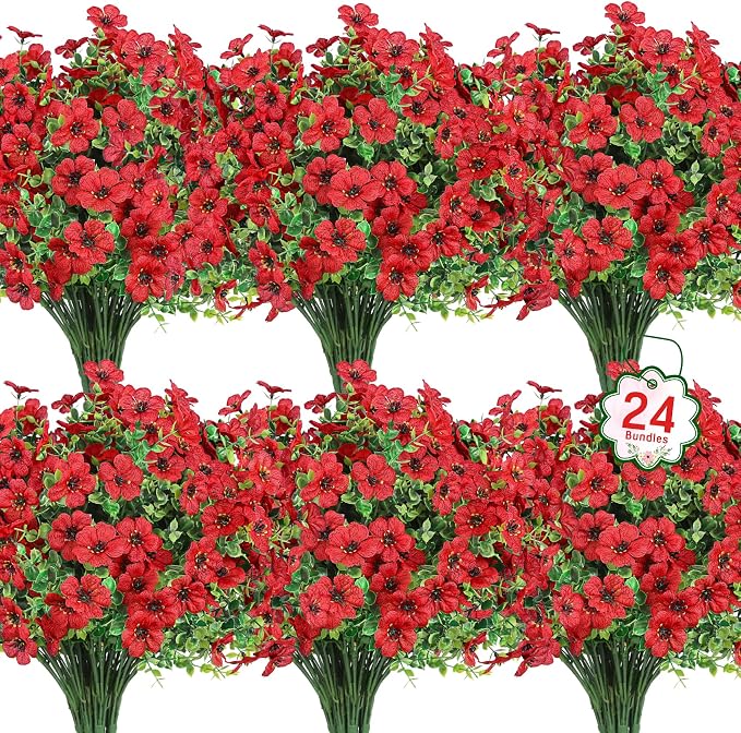 24 Pcs Artificial Flowers for Outdoors Decorations, Red | Lifelike silk flowers, UV resistant, faux plastic plants, for garden porch window table vase home indoor outdoor decor