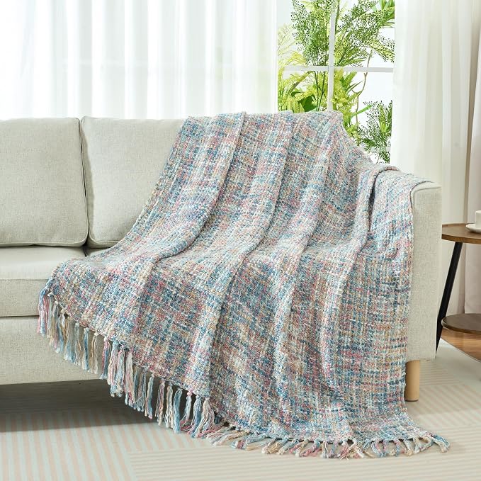 Multi-Color Cable Woven Throw Blanket for Couch - 60"X80" | Multicolored Boho Style,Super Soft Warm Cozy Chunky Blankets with Decorative Tassels for Bed and Sofa,Pink Blue