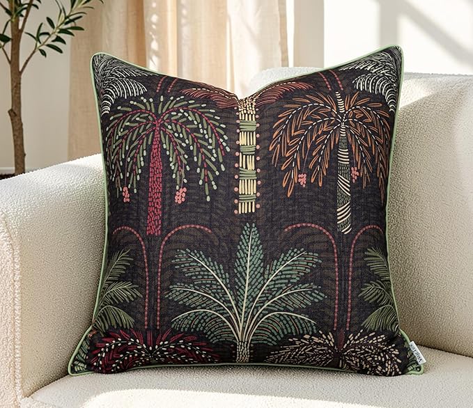 Tropical Palm Print 20x20 Throw Pillow Cover, Charcoal | Folk-art tropical palm trees on charcoal slub, green piping; both sides printed; hidden; cover only