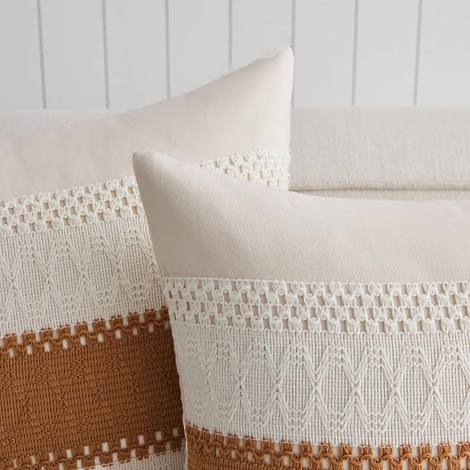 2 Pack Boho Throw Pillow Covers, Contrast Caramel 22x22in | Soft Breathable Cotton, Farmhouse Decorative Couch Pillow Cases, Cushion Covers for Sofa Bed Living Room Home Decor