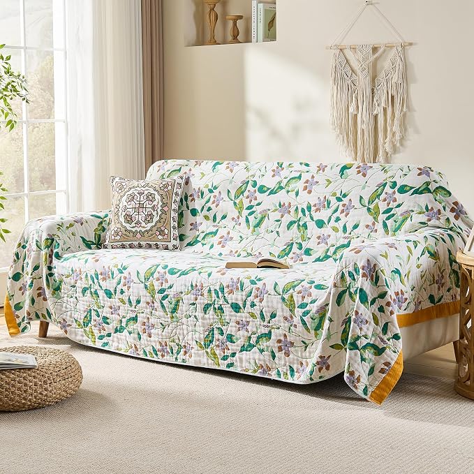 VANJOROY Boho Throw Blanket, 100% Organic Cotton Breathable Skin-Friendly Ultra Soft 80" x 90" Bed Quilt Throw - Floral Rustic Decor Luxury Reversible Blanket for Sofa Couch Chair and Gift,