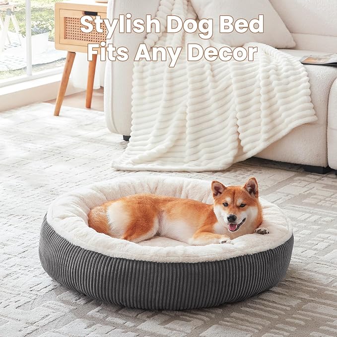 33 inches Calming Donut Dog Bed for Medium Plus Dogs,Dark Grey | Round Pet Bed with Removable&Washable Cover,Plush Faux Fur & Corduroy, Fits Pets up to 50 lbs