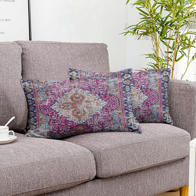 Boho Throw Pillow Covers 12x20 inch Set of 2,Soft Pillowcases Bohemia Carpet Printing Pattern Decorative Sofa Living Room Bed Rectangle Pillow Case Cushion Cover-Purple