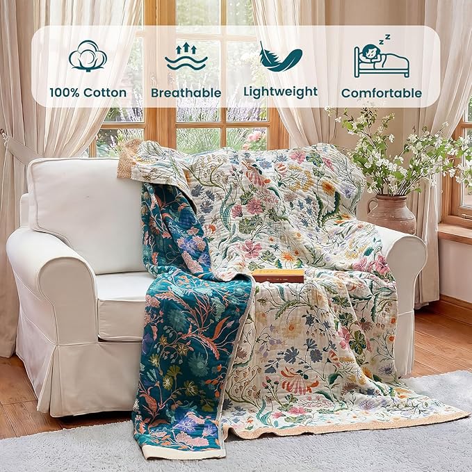 MSGKV Boho Throw Blanket 50"x60" Cotton Floral Blanket for Couch Bed Decor | 100% Cotton Throw, Colorful Floral, Reversible Blanket, Couch Bed Decor, Road Trip Blanket, Farmhouse Decor, Machine Washable