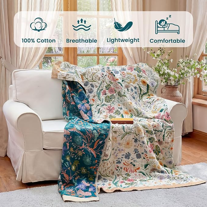 MSGKV Boho Throw Blanket 60"x80" Cotton Floral Blanket for Couch Bed Decor | 100% Cotton Throw, Colorful Floral, Reversible Blanket, Breathable Lightweight, Road Trip Blanket, Machine Washable