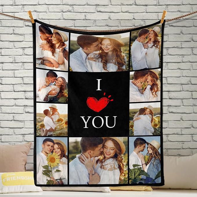 Personalized Blanket with Pictures, Custom Photo Blankets for Couples Gifts | Personalized Mother's Day Christmas Birthday Gifts for Mom Dad Wife Husband Him/Her, I Love You Anniversary Couple Gift