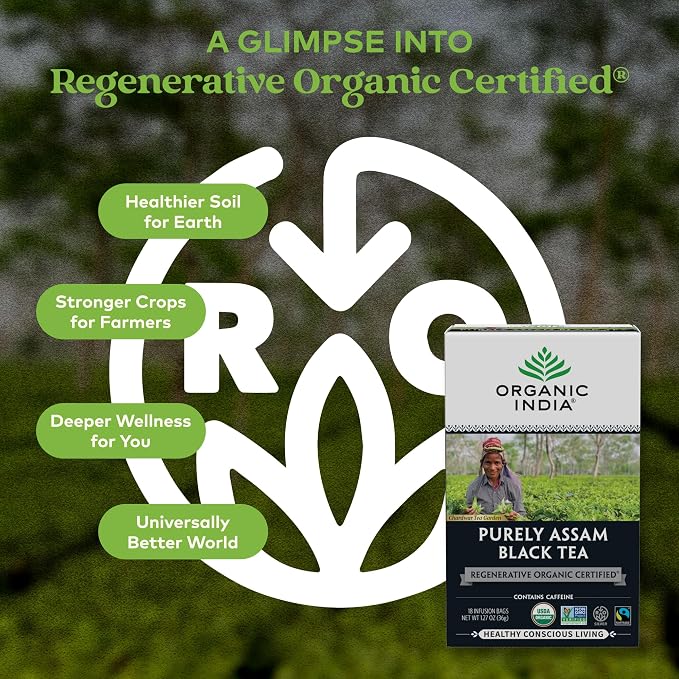 Organic India Purely Assam Black Tea - Caffeinated Herbal Tea Bags with Natural Assam Leaves, Enjoy with Milk & Sweetener, USDA Organic, Non-GMO, Fairtrade Certified - 18 Bags (Pack of 3)