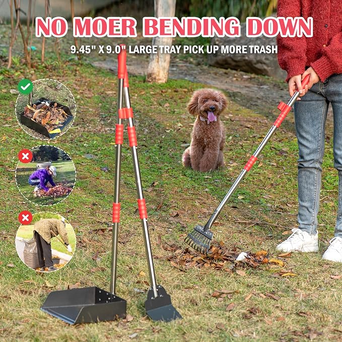 FUSBUNTY Dog Pooper Scooper Set, Heavy Duty Stainless Steel Rake & Spade | Extra Large Tray for Pet Waste Removal. No Bending Clean Up Tool for Grass, Dirt, Gravel, Yard & Outdoor Areas.