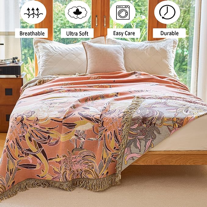 VANJOROY Boho Throw Blanket 80" x 90", 100% Organic Cotton Breathable Skin-Friendly Ultra Soft Bed Quilt Throw - Floral Rustic Decor Luxury Reversible Blanket for Sofa Couch Chair and Gift,