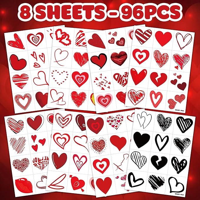 96PCS Red Heart Pre Cut Temporary Tattoos Themed Birthday Party Decorations Supplies Favors Decor Valentine Love Tattoo Stickers Gifts For Game Boys Girls Classroom School Prizes Couple Anniversary