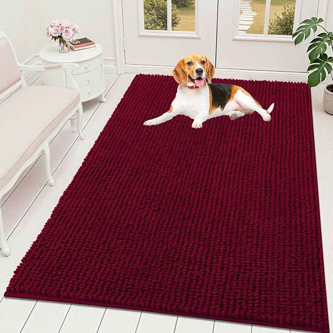 OLANLY Dog Door Mat for Muddy Paws 59x35, Extra Absorbent Chenille Mud Mat | Burgundy, Absorbs Moisture and Dirt, Non-Slip Machine Washable Doormat, Quick-Drying Indoor Entryway Floor Mat for Dogs