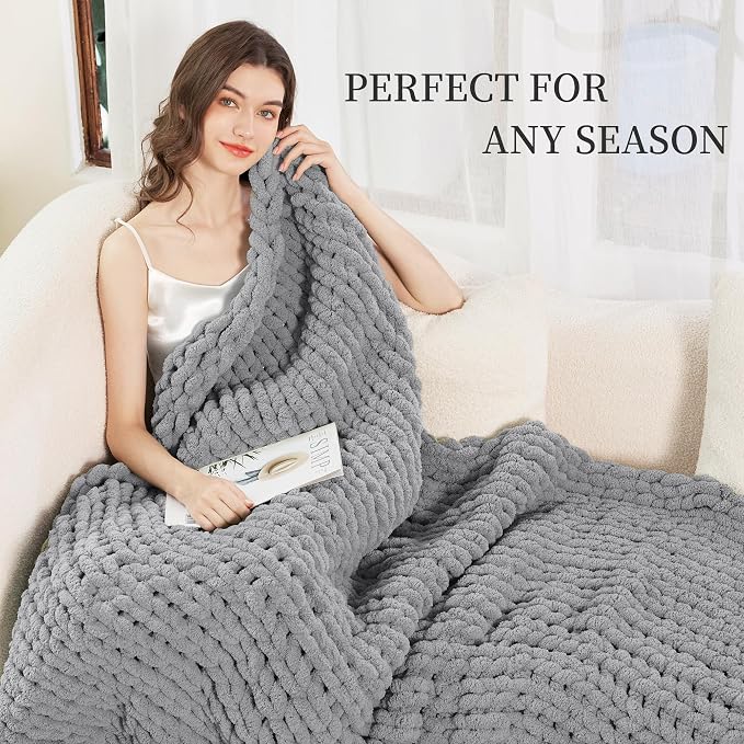 Chunky Knit Blanket Throw for Couch, 51"x63" Chunky Yarn Knitted Blankets | 100% Hand Knit Thick Chenille, Soft Breathable for Bed, Sofa, Home Decor, Cozy Gifts for Women Friends, Dark Gray