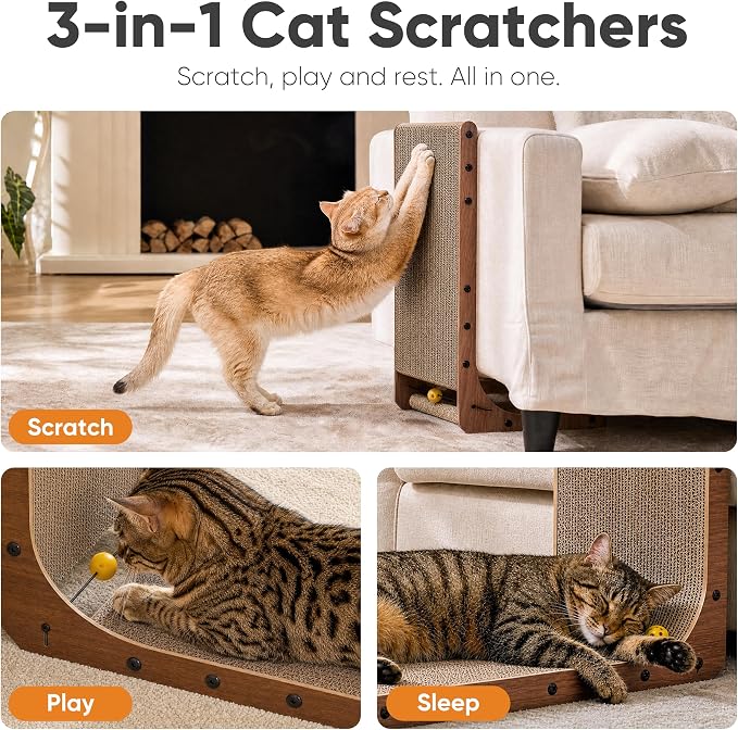 FUKUMARU Cat Scratcher 2 Packs, 25 Inch Cat Scratching Boards, L Shaped Pad | Cardboard Cat Scratcher for Indoor Cats, Vertical Scartch Pads with Ball Toy, Kitten Scratching Post Wall, Walnut Color