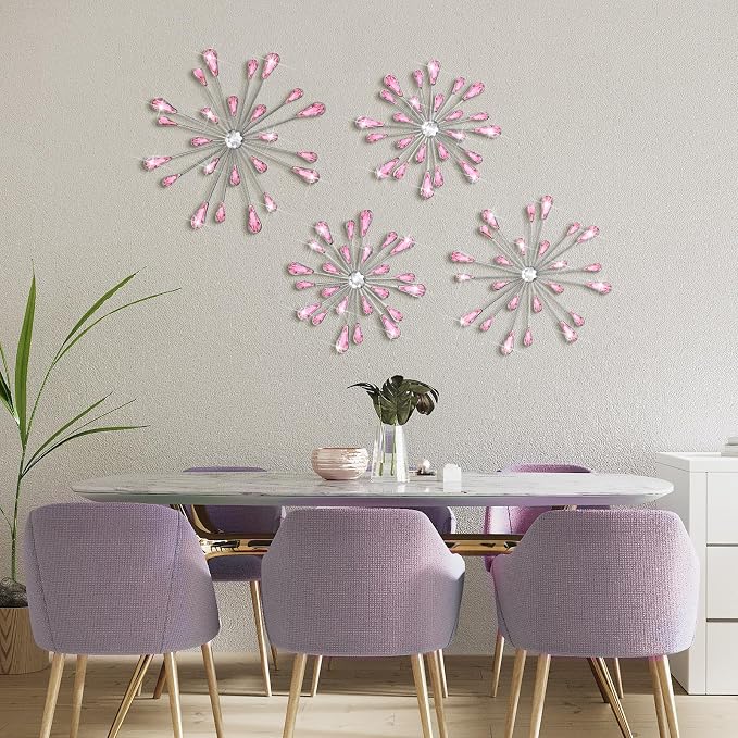 Hicarer 4 Pcs Starburst Wall Decor Bling Wall Art Crystal Teardrop 3D Hanging Rhinestone Radial Metal Artwork Modern Accent Sculptures Decorations for Living Room Home Office Bedroom(Pink)