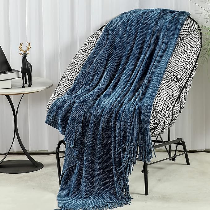 Blagic Chenille Throw Blanket for Couch and Bed,Dark Blue,50"x60" | Soft Farmhouse Boho Throw Blanket with Tassels,Decorative for Living Room,Stripe Textured Throws for Bed/Chair/Sofa