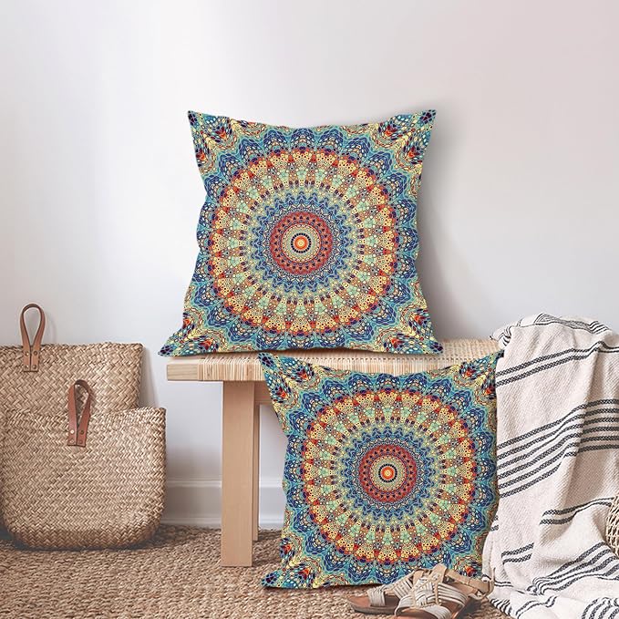 Boho Mandala Floral Pillow Covers 18X18 Inch Set of 2 Navy Blue Orange Abstract Flower Decorative Pillow Cases Colorful Retro Ethnic Cotton Linen Cushion Case Home Decor For Sofa Couch Porch Outdoor
