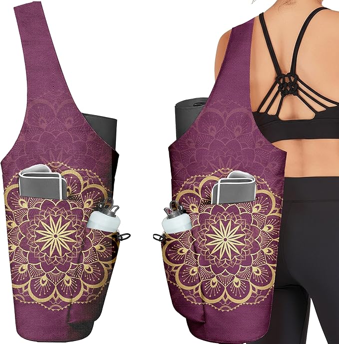 Yoga Bag for Women, Large Yoga Mat Bag Tote Carrier with Wet Dry Pocket, Water Bottle Holder & Adjustable Strap, Fits 1/2" Thick Yoga Mat for Gym, Pilates, Travel, Work