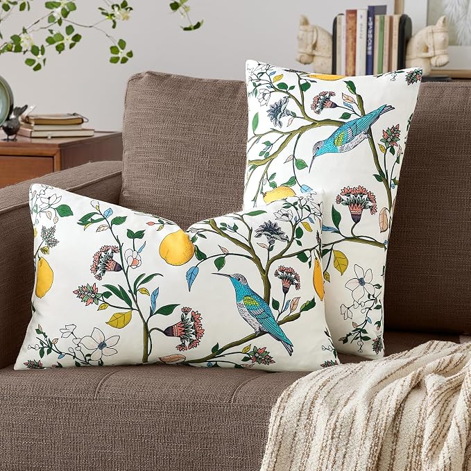 Ivory White Velvet Floral Decorative 12x20 Lumbar Pillow Covers Set of 2 | Durable and Sturdy,Botanical Printed Pattern,Throw Pillows Case,Rectangle,Colorful Farmhouse,Home Sofa Bed Couch Decor