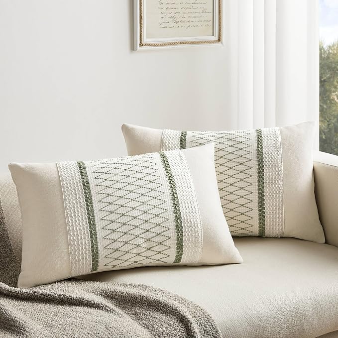 2 Pack Boho Lumbar Pillow Covers, Grid Green 12x20in | Soft Breathable Cotton, Farmhouse Decorative Couch Pillow Cases, Cushion Covers for Sofa Bed Living Room Home Decor