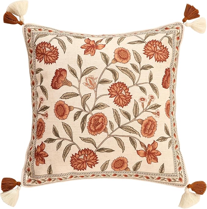 Vintage Elegant Linen Square Throw Pillow Cover,18"x18"-Albano A | Designer French Pillow Cover,Concealed Zipper Design,Orange Floral Pattern,Sofa,Bedroom,Living Room,Lounge Chairs