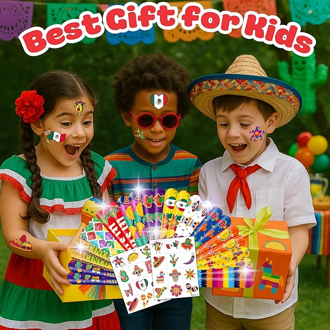 48PCS Cinco de Mayo Party Favor Set - 24PCS Temporary Pre - cut Tattoos & 24PCS Slap Bracelets - Mexican Fiesta Birthday Supplies, Baby Shower Gifts, Classroom Rewards & Party Decor for Kids