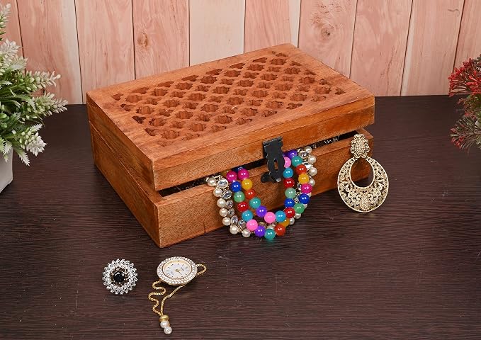 Mango Wood Decorative Wooden Box with Hinged Lid in Jali Carvings Used as Storage Box Christmas Gifts Items (9" x 6" x 3')